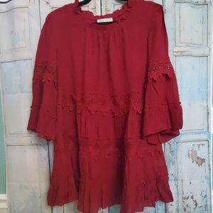 Red, ruffle lace, bell sleeve Top